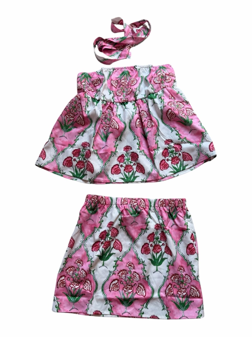 Pink Floral Two-Piece Skirt Set with Headband